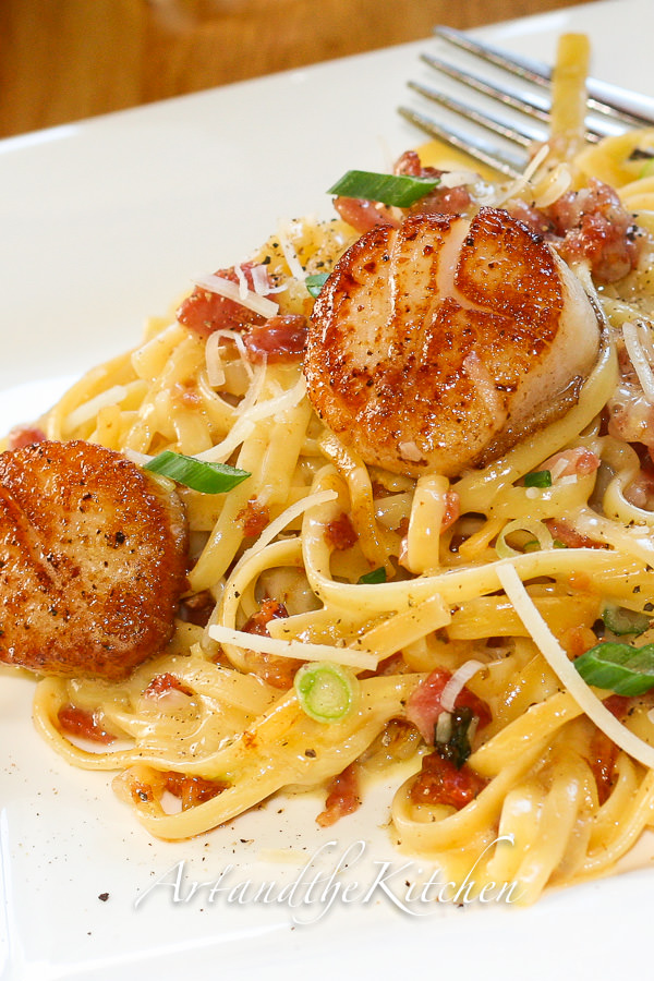 Carbonara with Pan Seared Scallops Art and the Kitchen