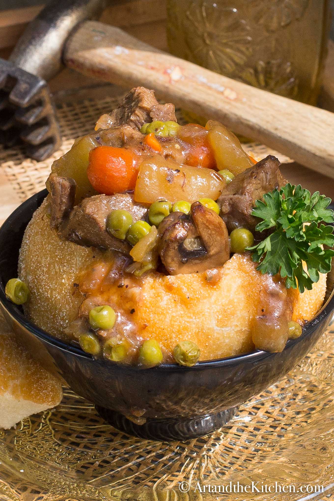 Beef stew in a bread bowl.