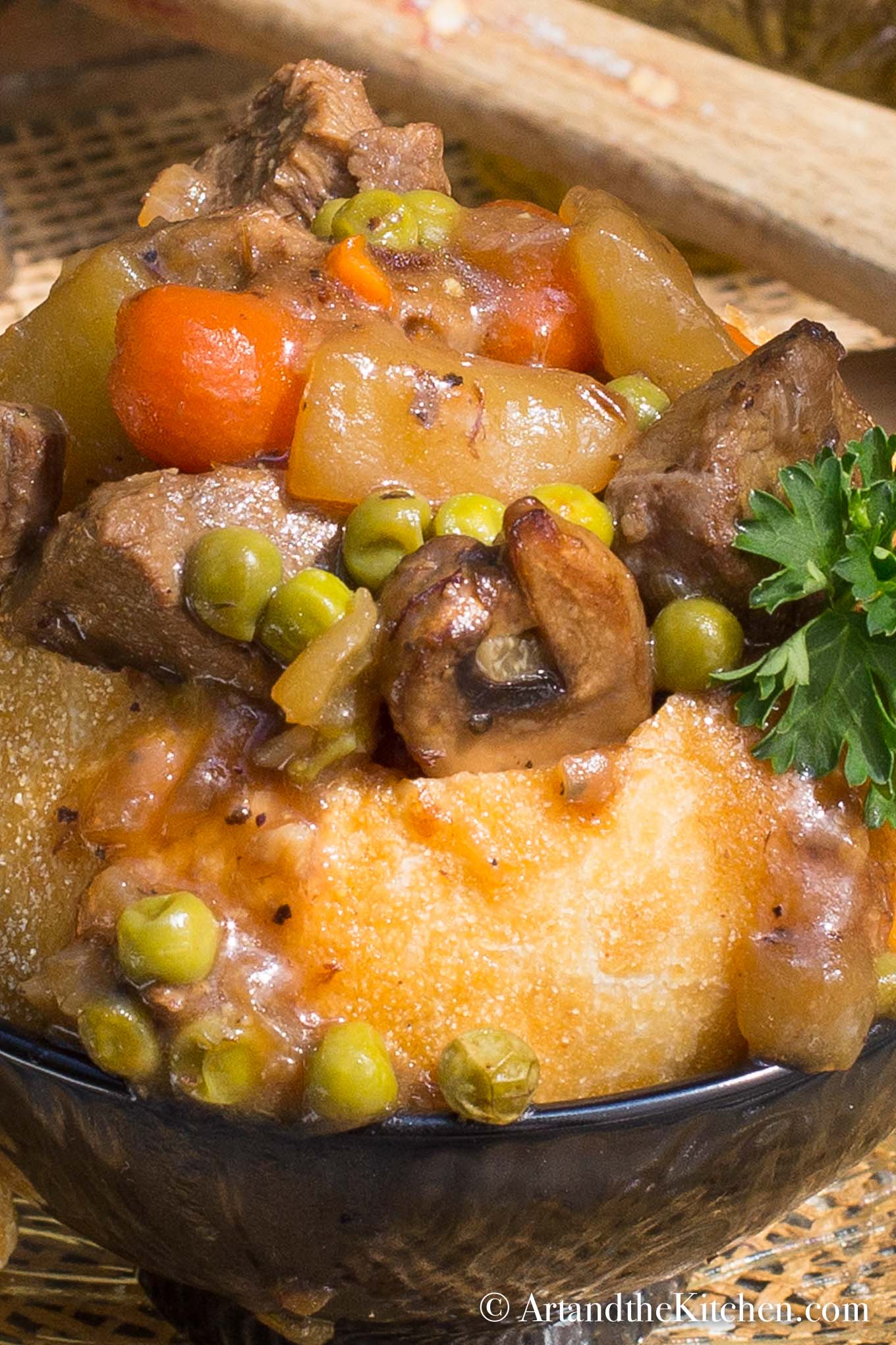 Beef stew in a bread bowl.