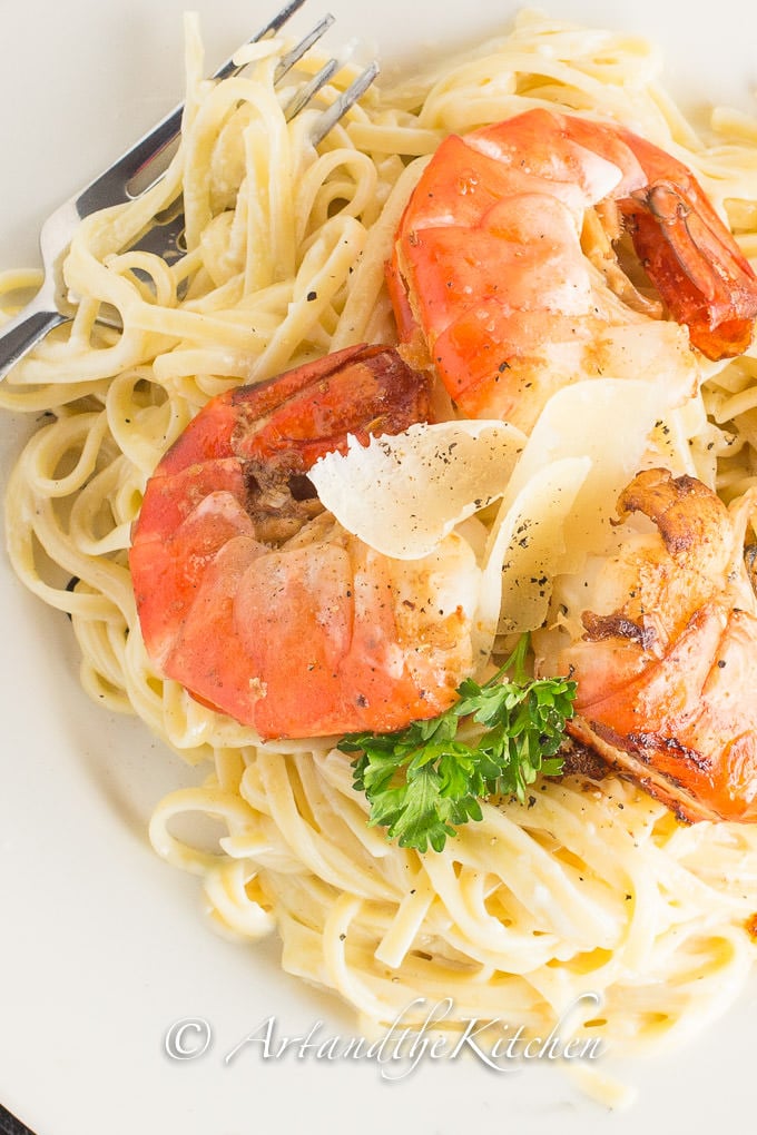 Fettuccine Alfredo with Pan Seared Shrimp