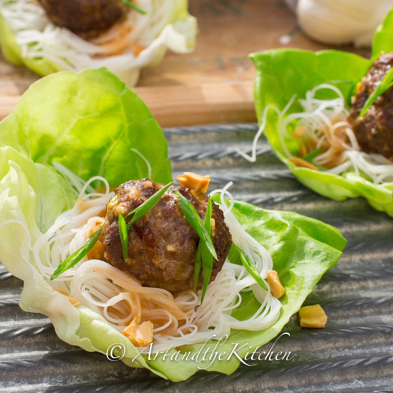 Meatball and Rice Noodle Lettuce Wraps