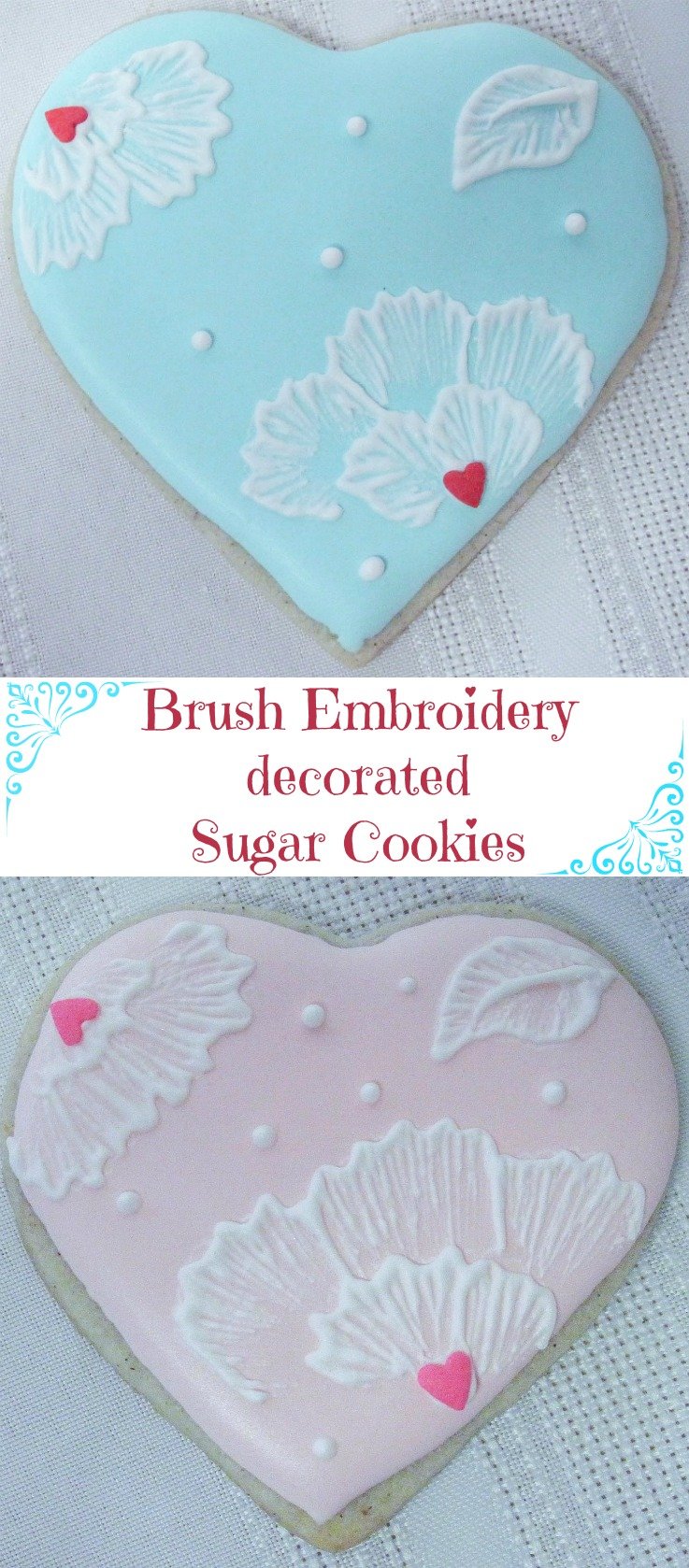 Blue and pink heart shaped cookies decorated with royal icing.