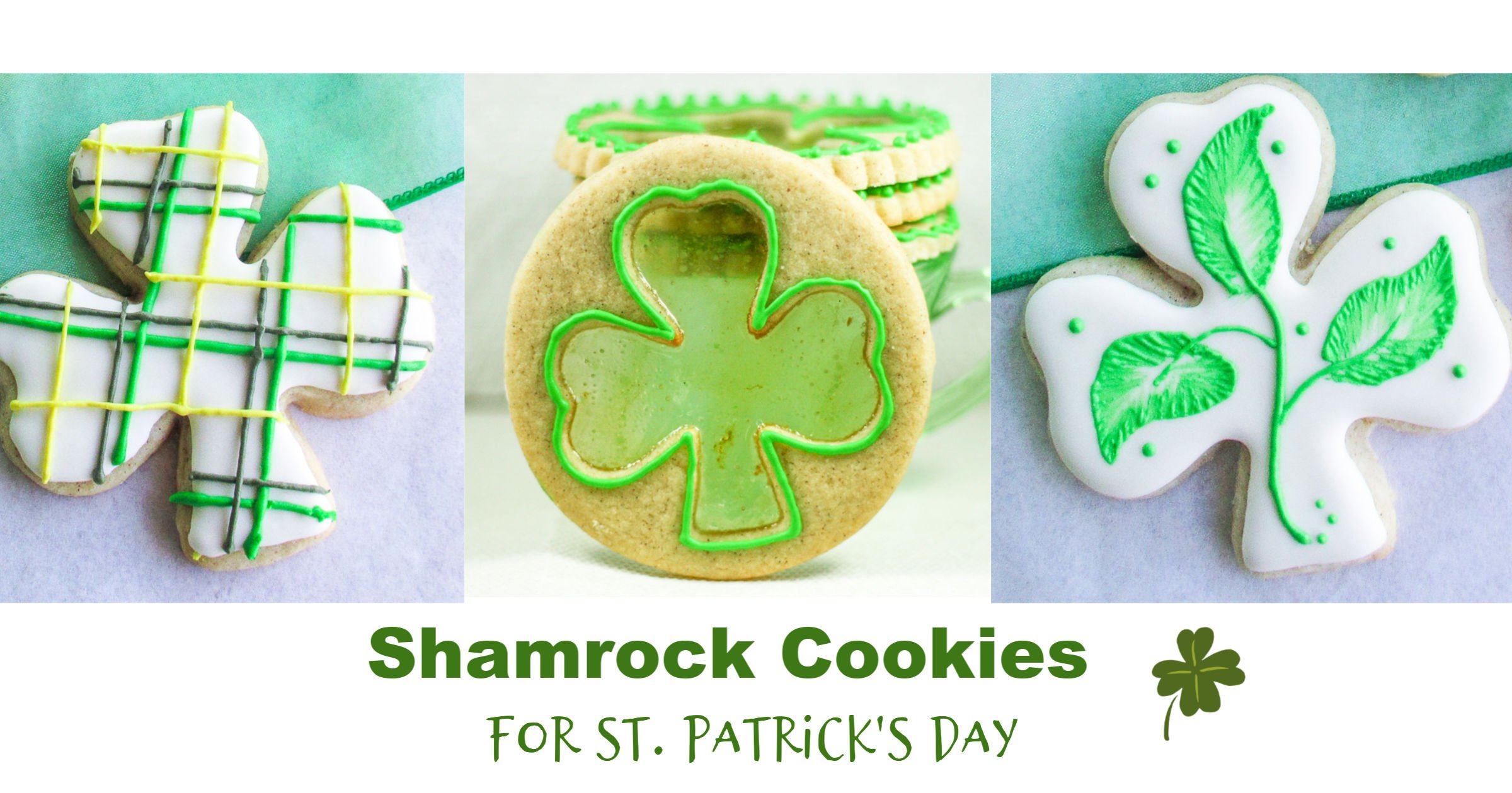 three different Shamrock St. Patrick's Day Cookies with different decorations.