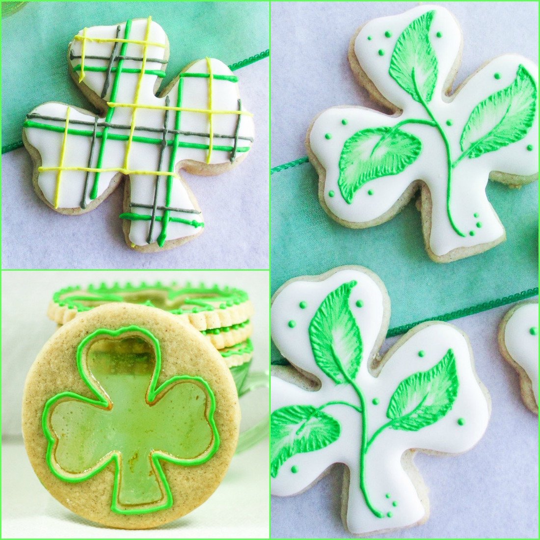 Shamrock shaped cookies decorated with royal icing.