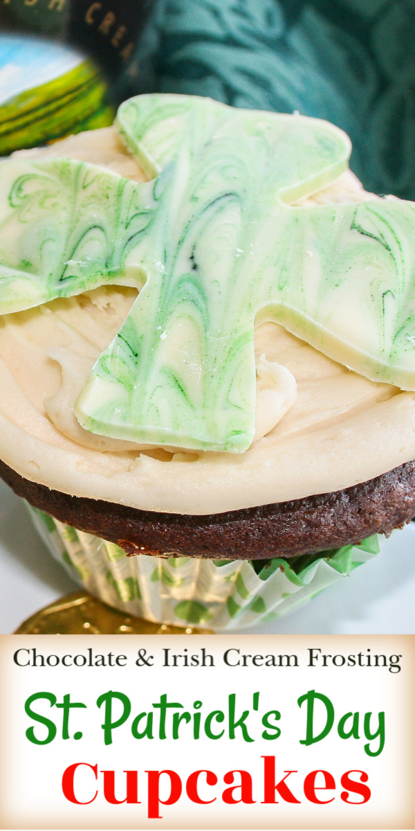 St. Patrick's Day Cupcakes topped with Baileys Irish Cream frosting and a decorative white chocolate Shamrock. Made from scratch chocolate cupcake recipe! via @artandthekitch