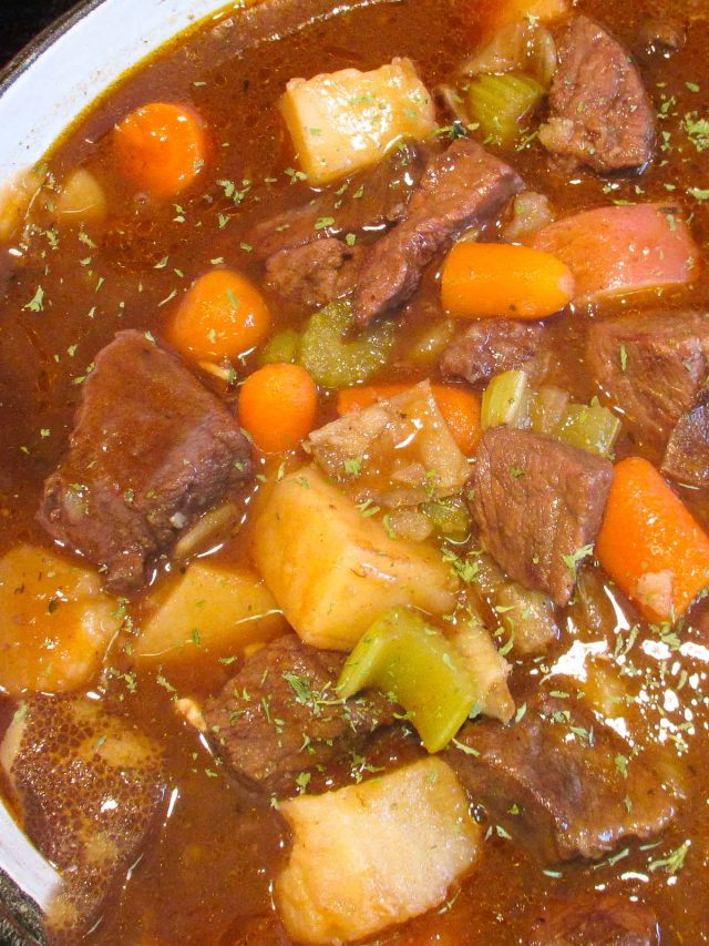 Pot of Irish beef stew with carrots, potatoes, celery in brown gravy.