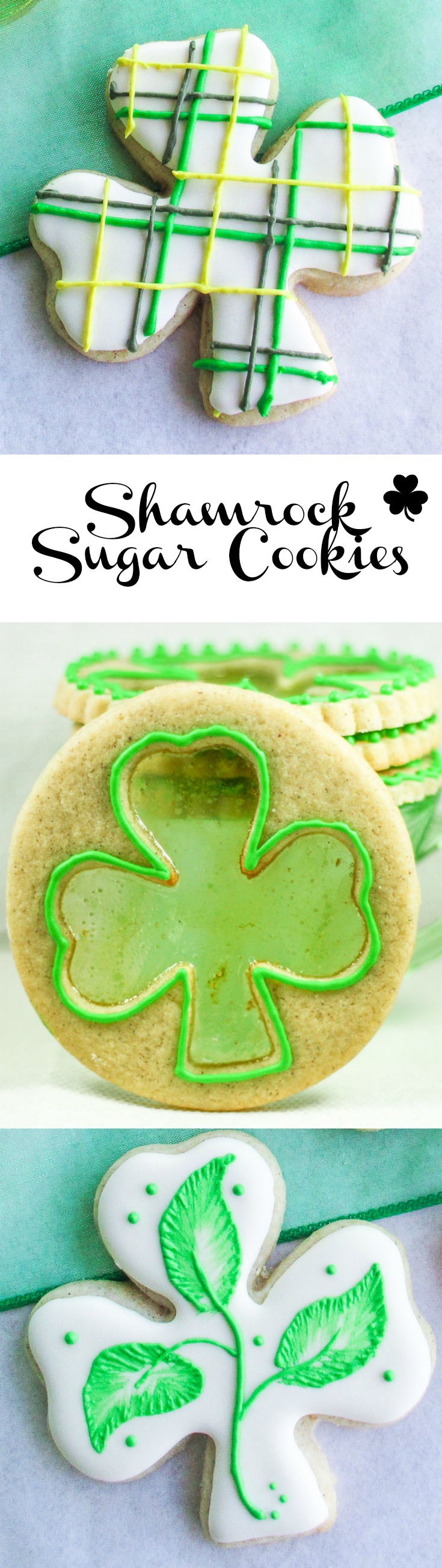 Shamrock shaped sugar cookies beautifully decorated for St. Patrick's Day. via @artandthekitch