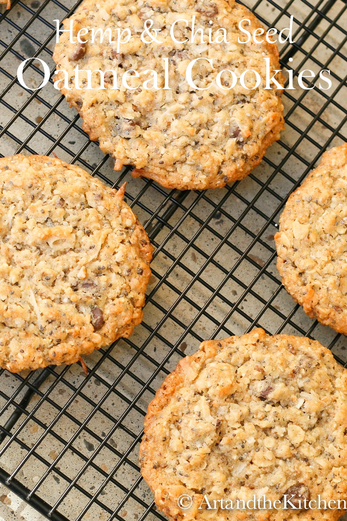 oatmeal cookies made with chia and hemp seeds, multigrain flour on wire baking rack