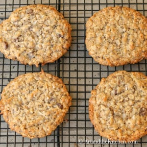 4 oatmeal cookies made with chia and hemp seeds, multigrain flour on wire baking rack