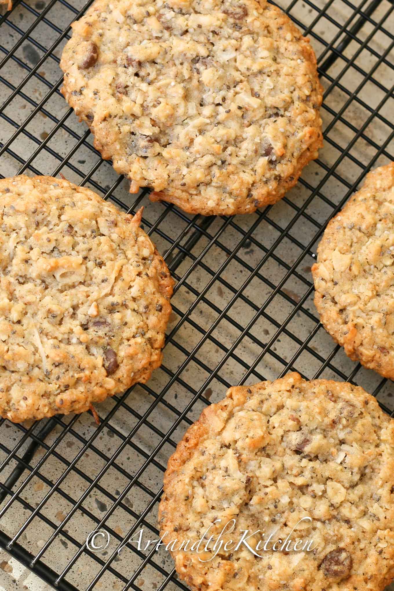 oatmeal cookies made with chia and hemp seeds, multigrain flour on wire baking rack