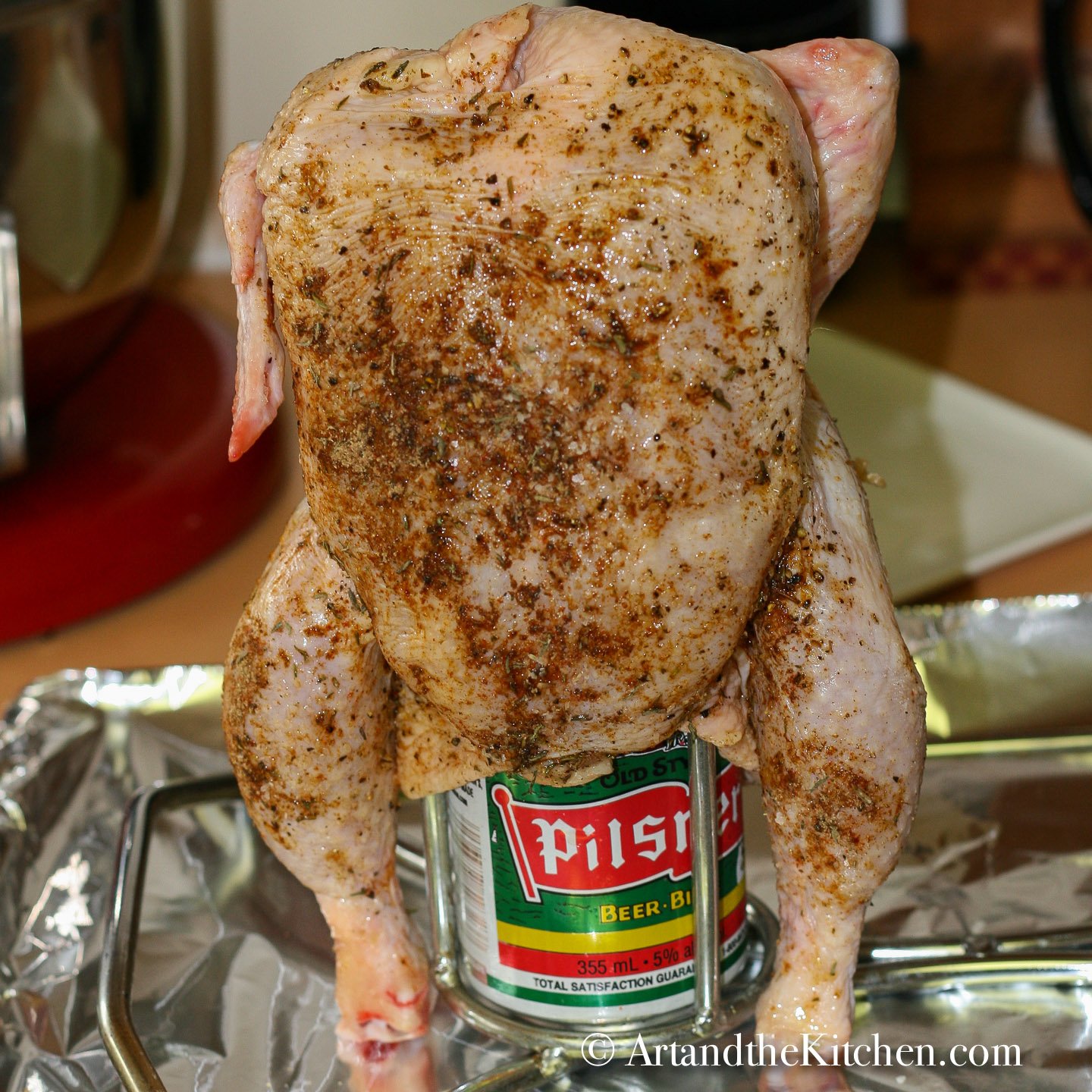 Whole raw chicken coated with spices inserted into beer can on barbecue roasting rack.