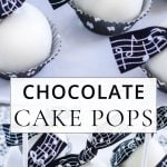 White chocolate coated cake pops with music themed ribbon tied to stick.