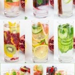 Colorful infused water glasses lined up, each filled with assorted fruits like kiwi, berries, citrus, and herbs like mint.