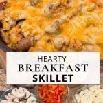 A skillet filled with a cheesy, with sausage, bacon, potatoes, and mushrooms. Below measure ingredients in bowls.