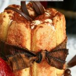 Individual tiramisu dessert. Ladyfingers dusted with cocoa, tied with a brown ribbon garnished with chocolate curls.
