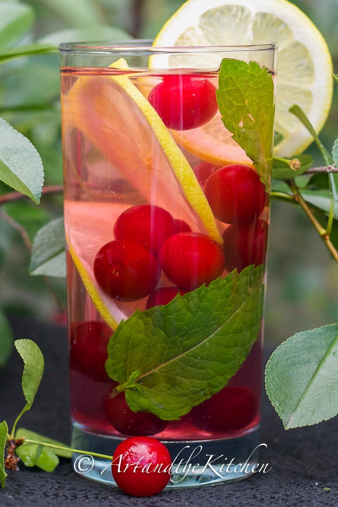 Tall glass filled with water infused with sour cherries and lemon slices. 