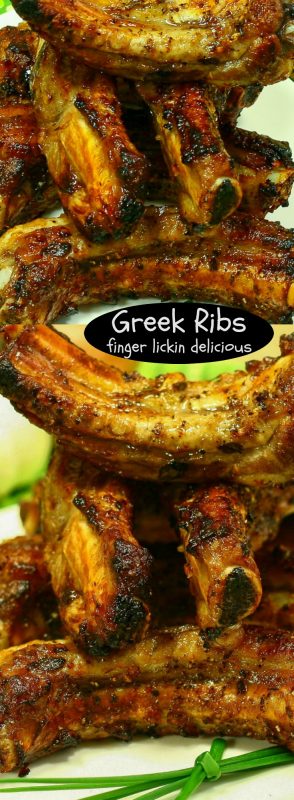 Stack of Greek marinated ribs.
