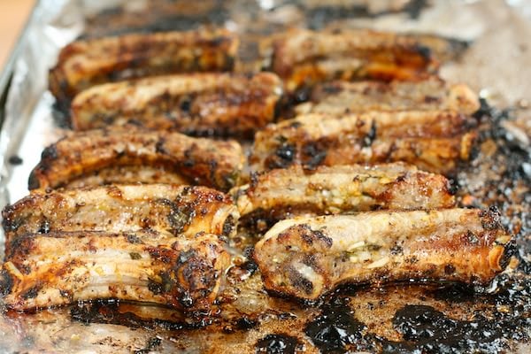 baby back ribs roasted on foil lined cookie sheet