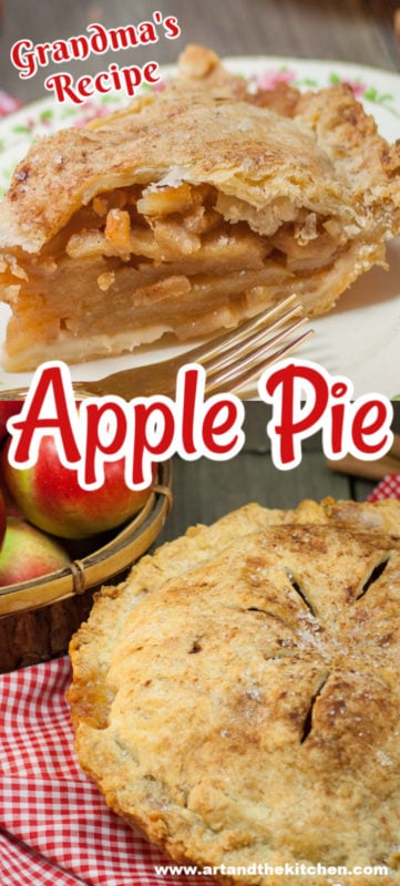 Collage photos of slice of apple pie and whole apple pie with golden flaky crust.