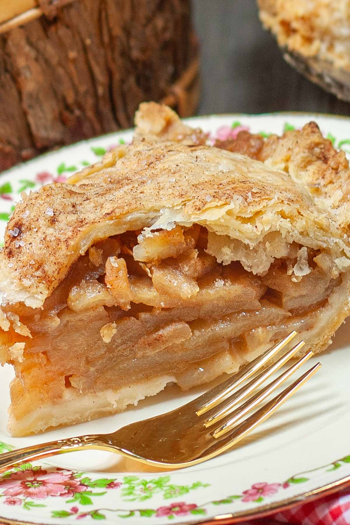 Slice of apple pie on decorative plate with gold plated fork.