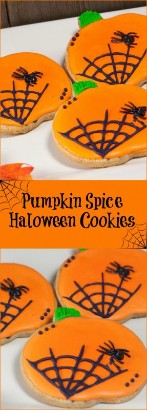 Pumpkin shaped sugar cookies decorated with orange icing and black spider web.