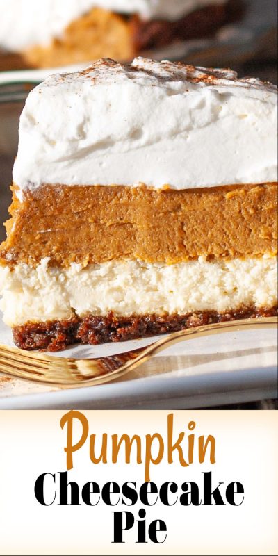 Cream cheese and pumpkin layered pie topped with whipped cream.