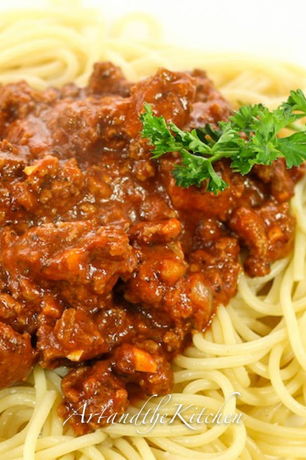 Plate of spaghetti and homemade meat sauce.