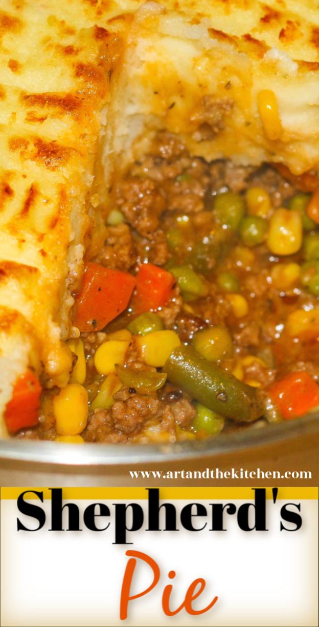 Super Shepherd's Pie is one of my family's most requested recipes. This ultimate comfort food recipe has a rich tasty gravy, ground beef, veggies topped with fluffy mashed potatoes. via @artandthekitch