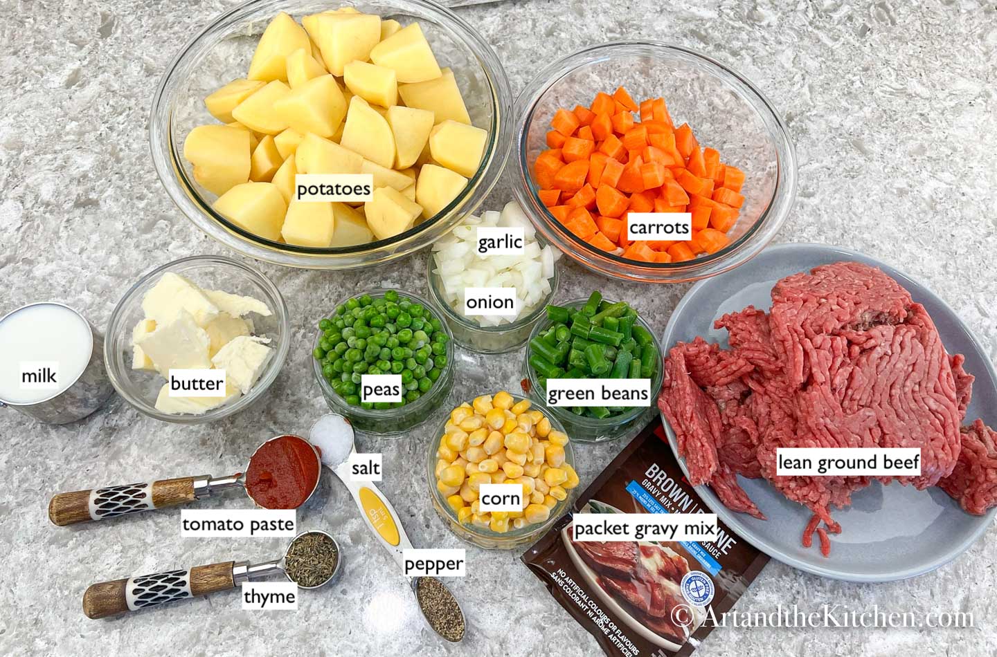 Ingredients measured out for shepherd's pie.