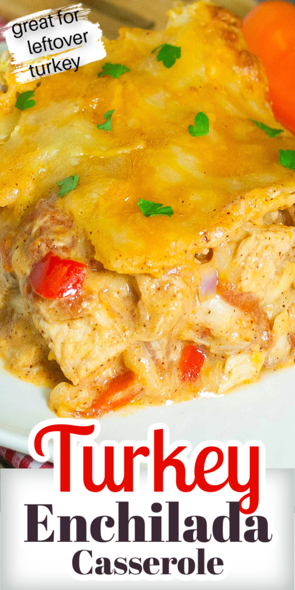Turkey Enchilada Casserole is a great recipe for using up leftover turkey. All the flavorful spices you use in enchiladas and yummy cheesy layers. via @artandthekitch
