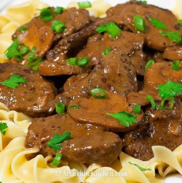 Beef stroganoff on bed of broad noodles, garnished with green onions.