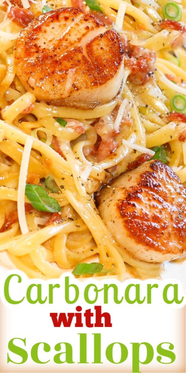 Carbonara with Pan Seared Scallops quick and easy to make. Ready in under 30 minutes with perfectly seared scallops and delicious, creamy carbonara pasta. via @artandthekitch