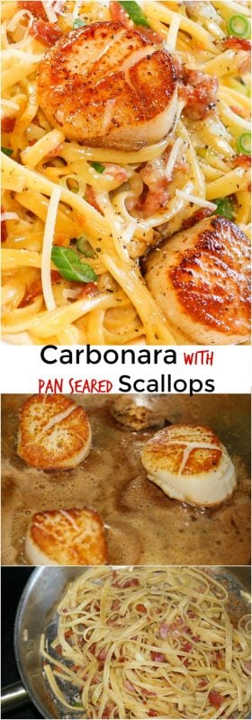 collage photo of linguine pasta in a creamy carbonara sauce topped with pan seared scallops and green onion slices. Three scallops seared in frying pan and photo of tossed pasta in bacon.
