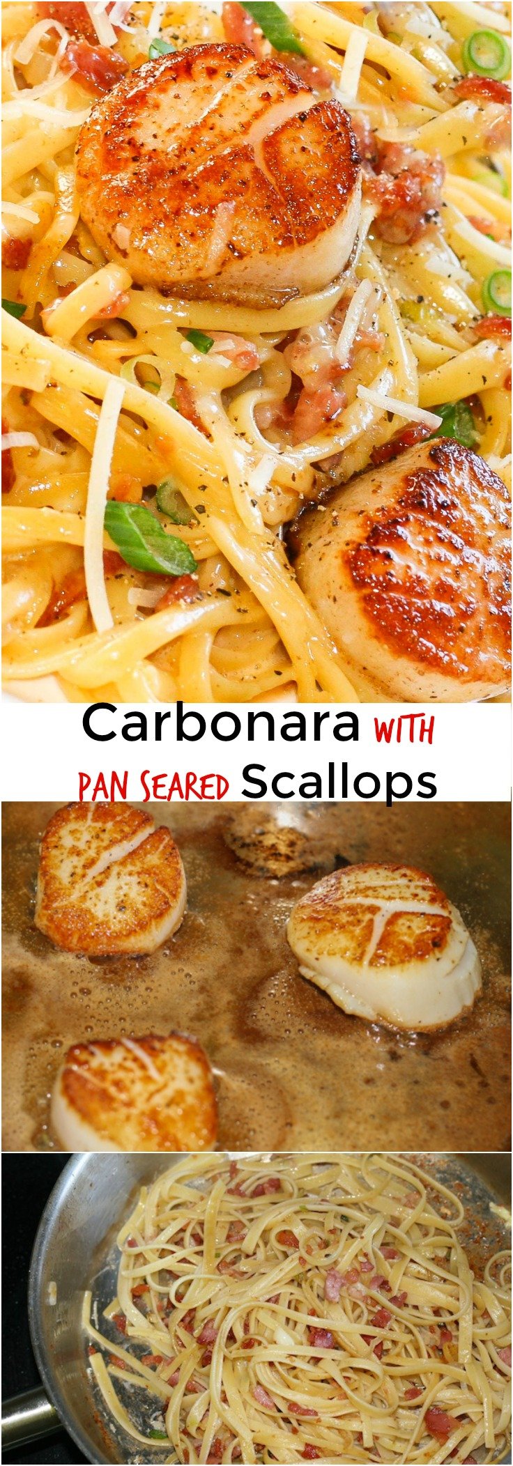 Carbonara with Pan Seared Scallops quick and easy to make. Ready in under 30 minutes with perfectly seared scallops and delicious, creamy carbonara pasta. via @artandthekitch