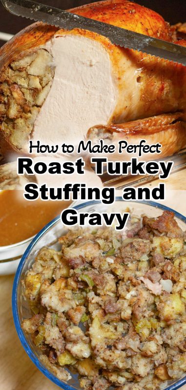 Whole roast turkey being carved and bowl of stuffing.