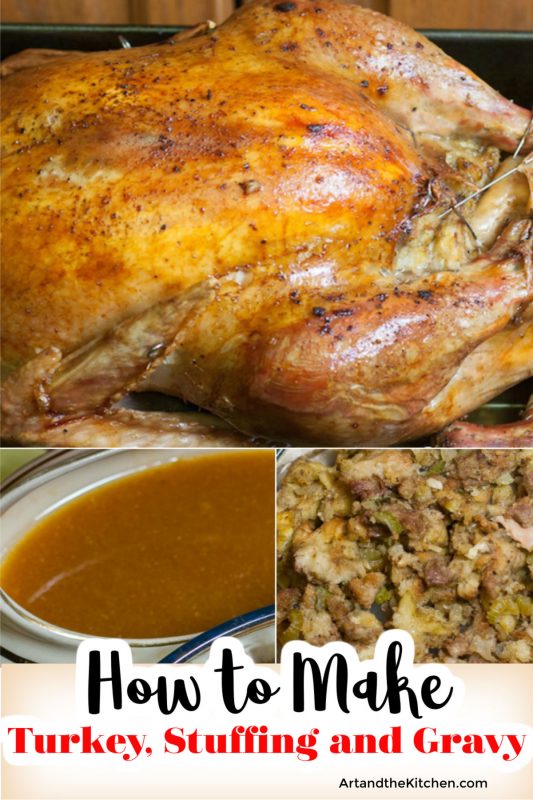 Whole roasted turkey with bowl of stuffing and gravy boat.