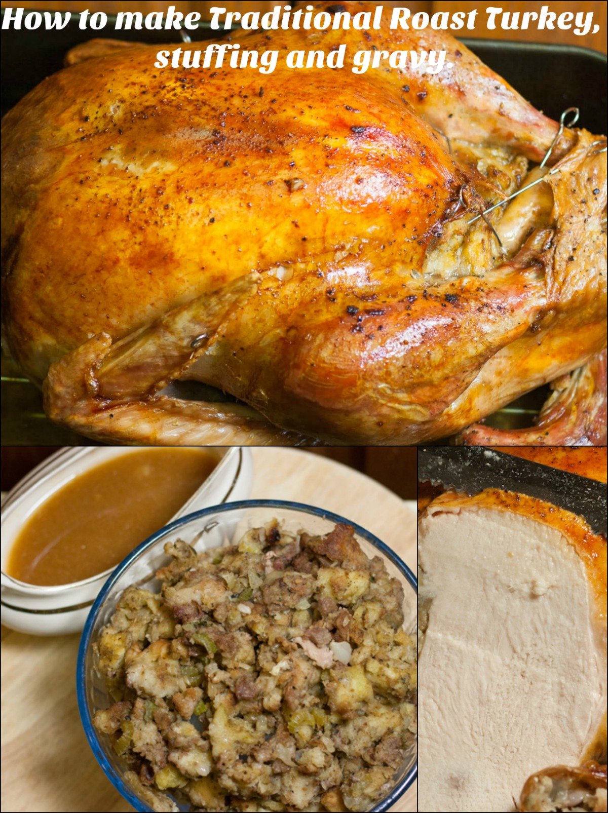 Roasted turkey with bowl of stuffing and gravy boat.