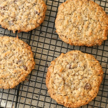 oatmeal cookies made with chia and hemp seeds, gluten-free flour on wire baking rack