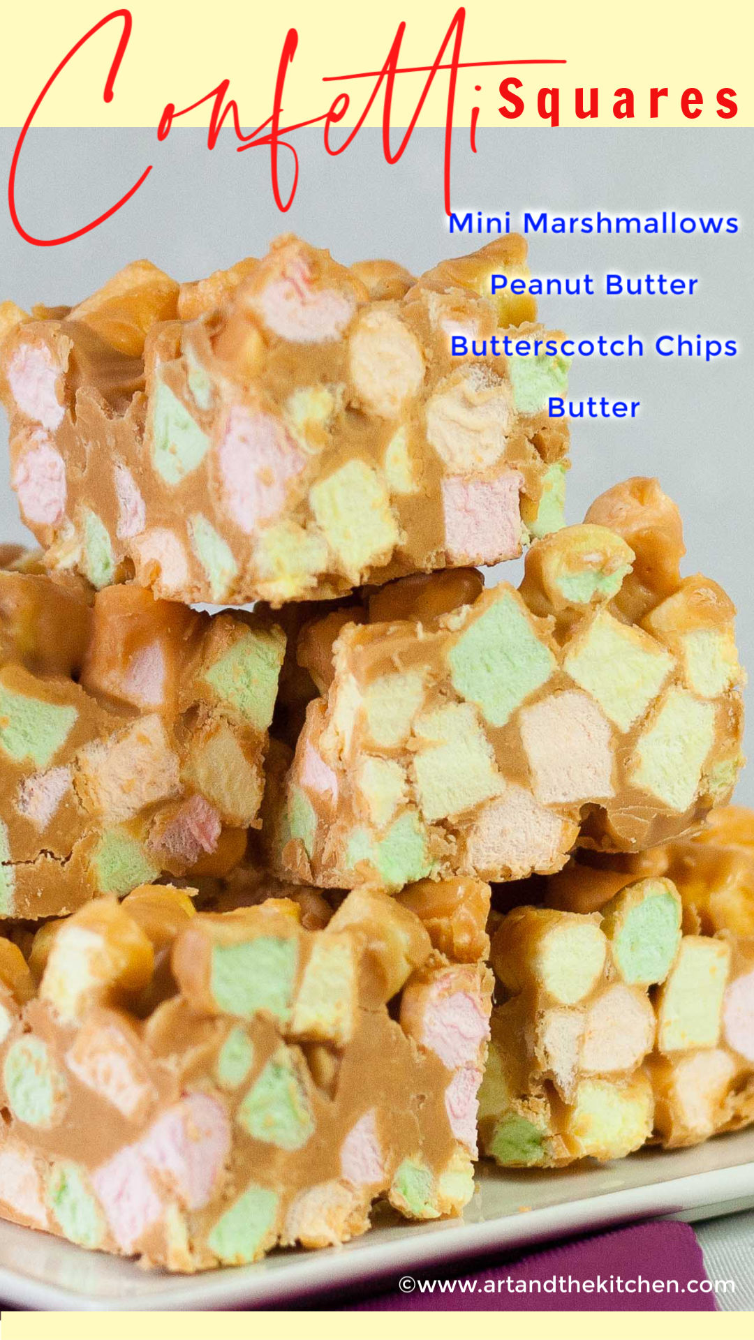 Confetti Squares also known as peanut butter marshmallow squares are addictively delicious. Made with colourful mini marshmallows, peanut butter and butterscotch chips. via @artandthekitch