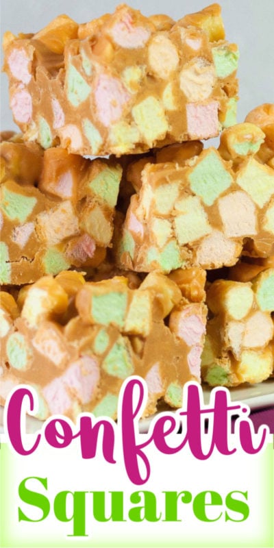 stack of squares made with colourful mini marshmallows, peanut butter and butterscotch chips