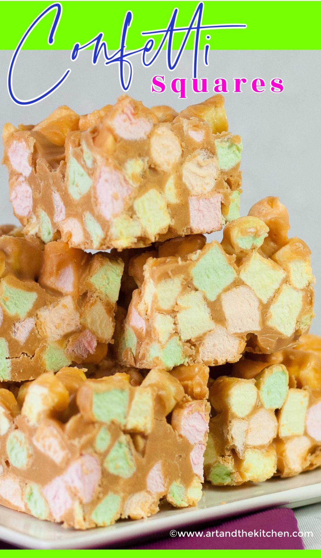 Confetti Squares also known as peanut butter marshmallow squares are addictively delicious. Made with colourful mini marshmallows, peanut butter and butterscotch chips. via @artandthekitch