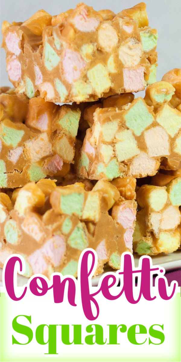 Confetti Squares also known as peanut butter marshmallow squares are addictively delicious. Made with colourful mini marshmallows, peanut butter and butterscotch chips. via @artandthekitch