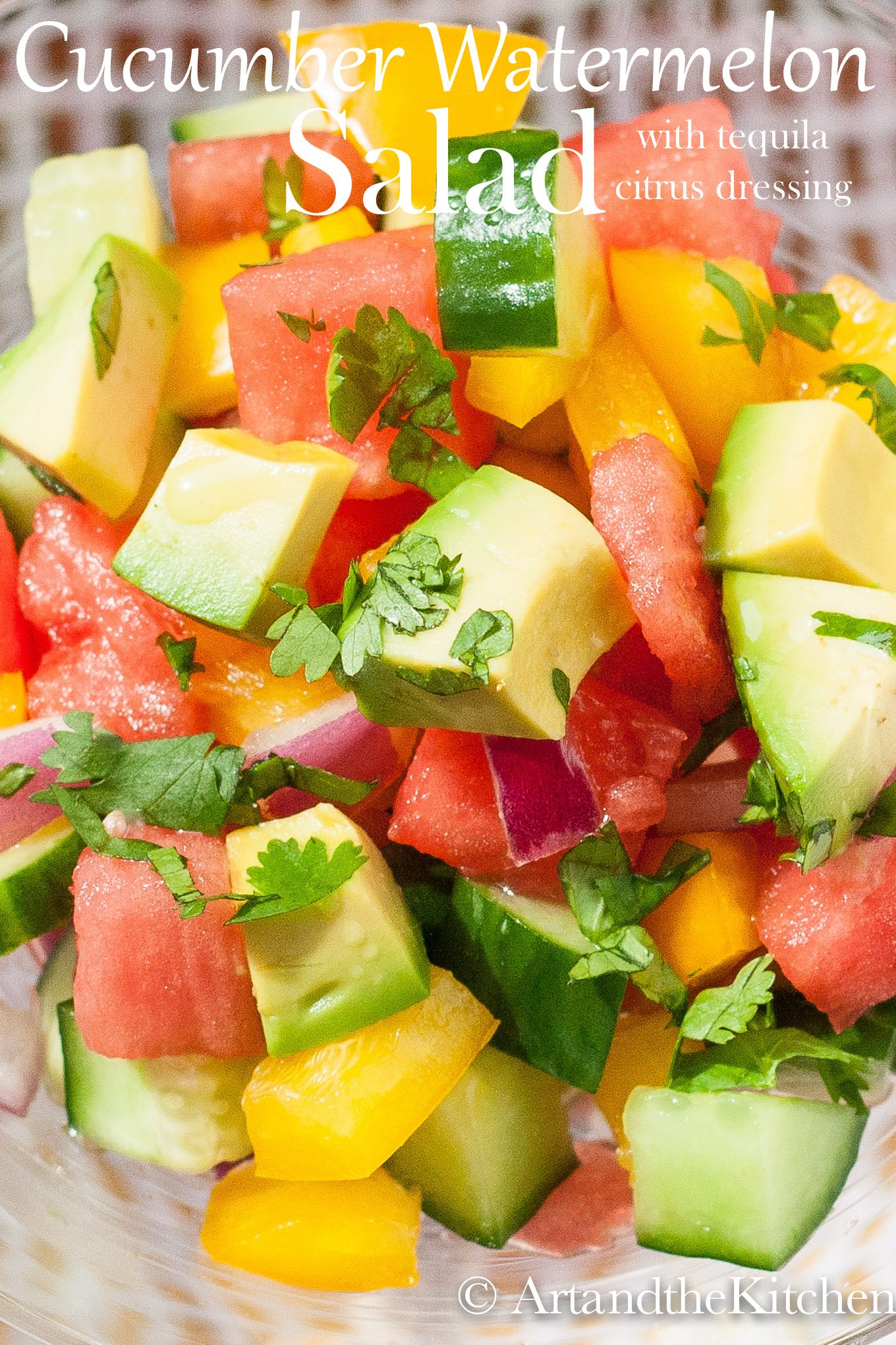 Closeup photo of salad of avocado, watermelon, cucumber, peppers, and red onions.