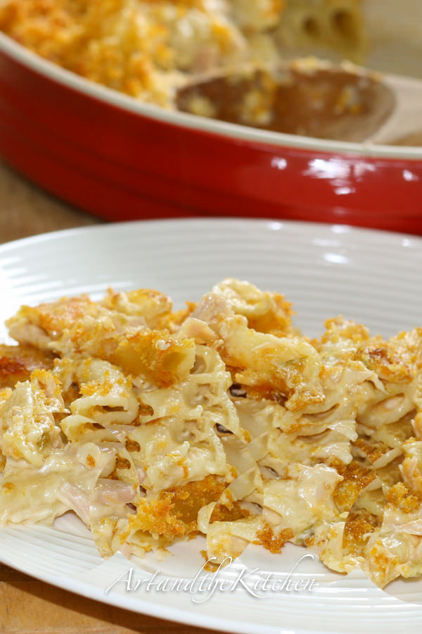 White plate filled with tuna casserole