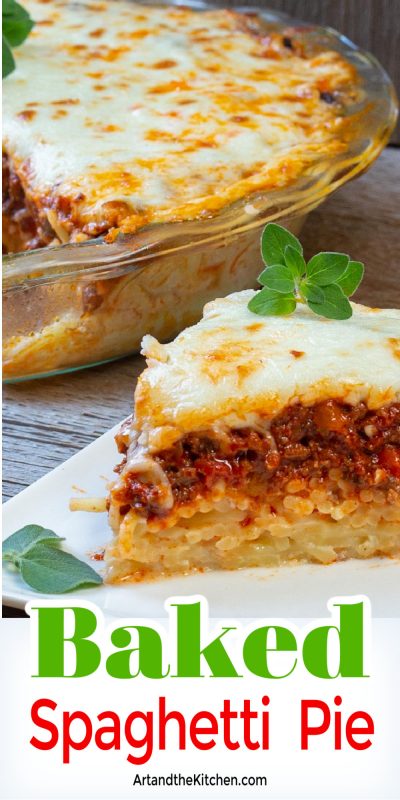 Dinner pie made with layers of spaghetti, meat sauce, topped with melted cheese.