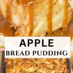 Bread pudding square drenched in creamy caramel sauce sits on a floral plate and pan of baked bread pudding.