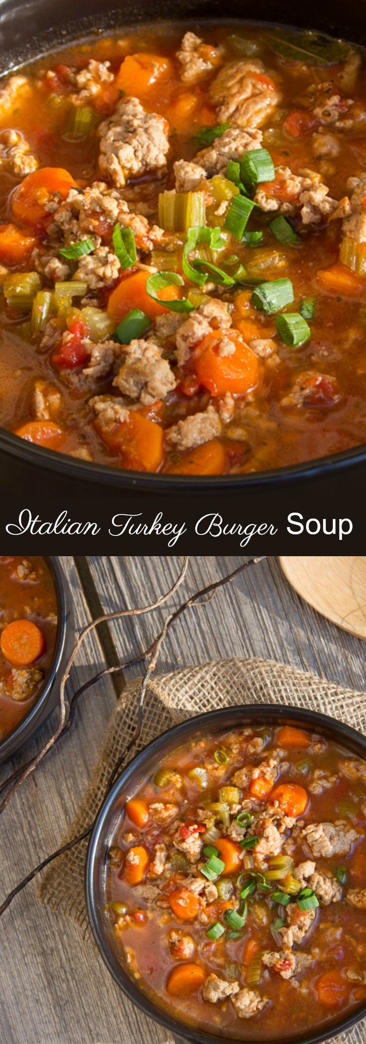 This recipe for Italian Turkey Burger Soup is healthy and hearty. Made with lean ground turkey, vegetables in a tomato broth. Easy to make in less than an hour! via @artandthekitch