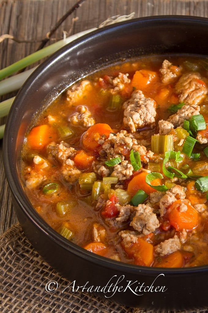 Soup made with chunks of ground turkey, carrots simmered in tomato based broth. Served in black bowl and garnished with sliced green onion.