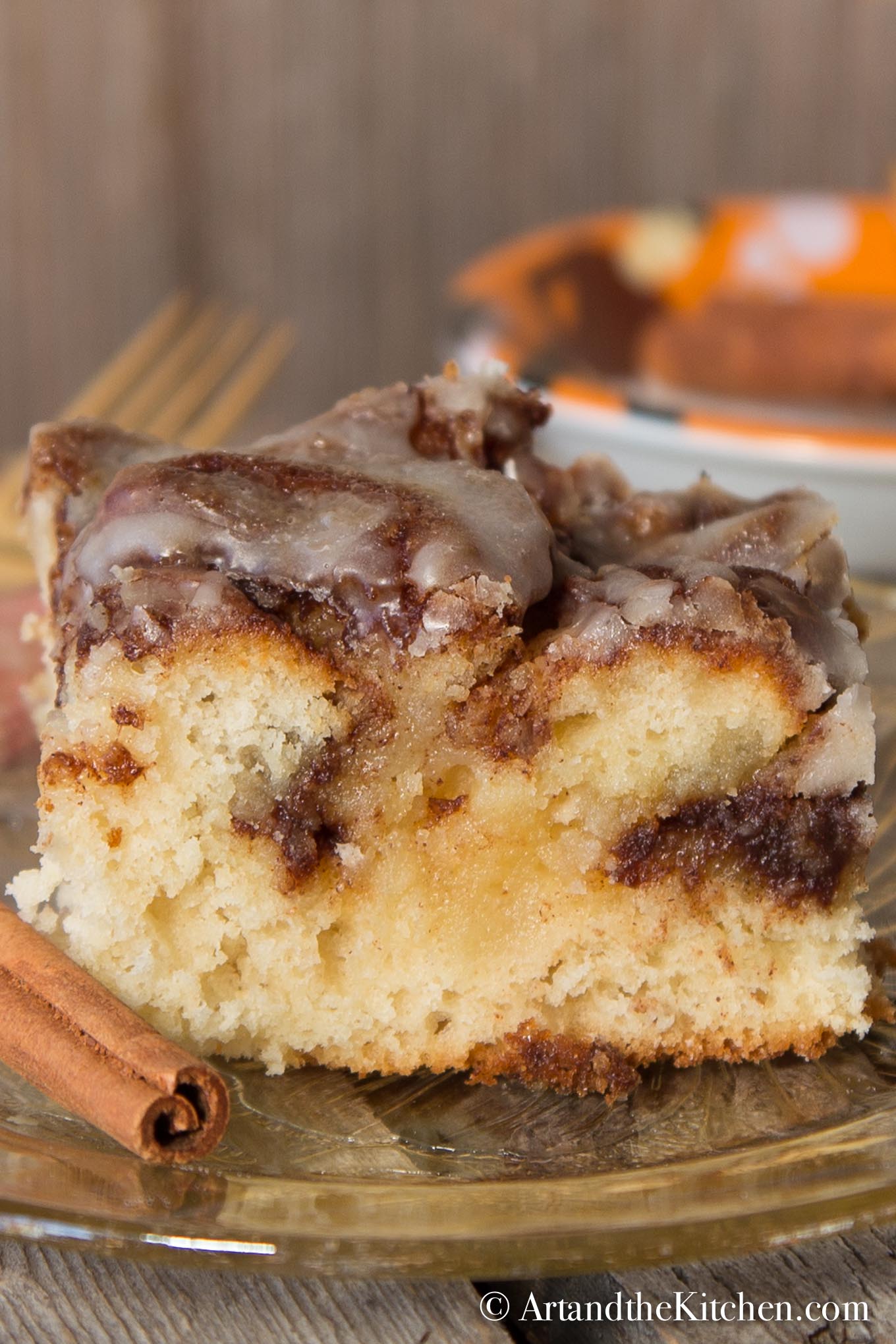 Piece of cake with swirls of cinnamon butter.