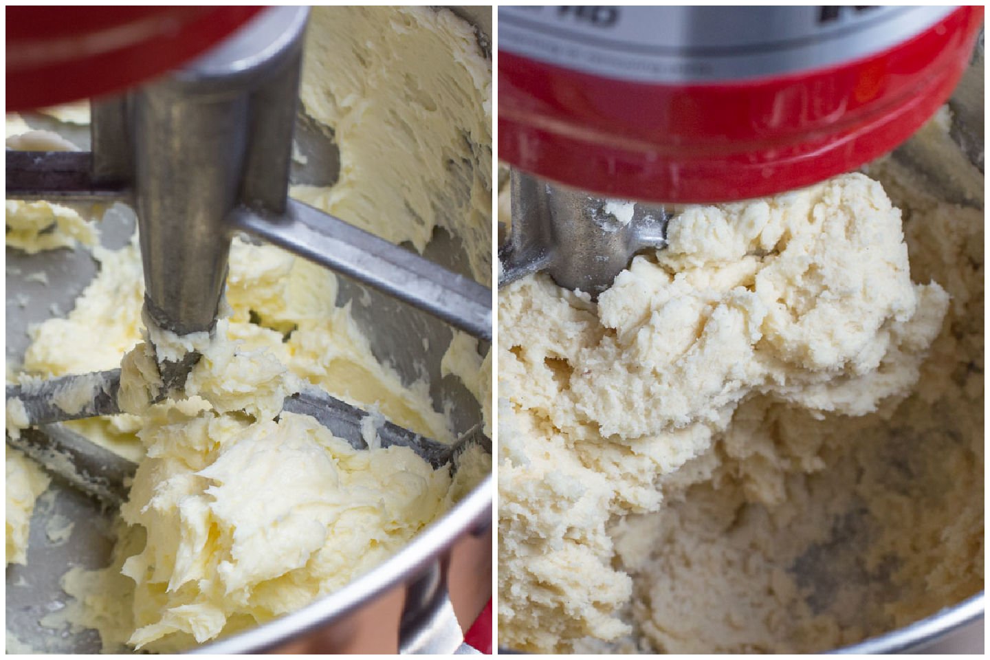 Mixer beating butter and sugar and next phots of mixed cookie dough.